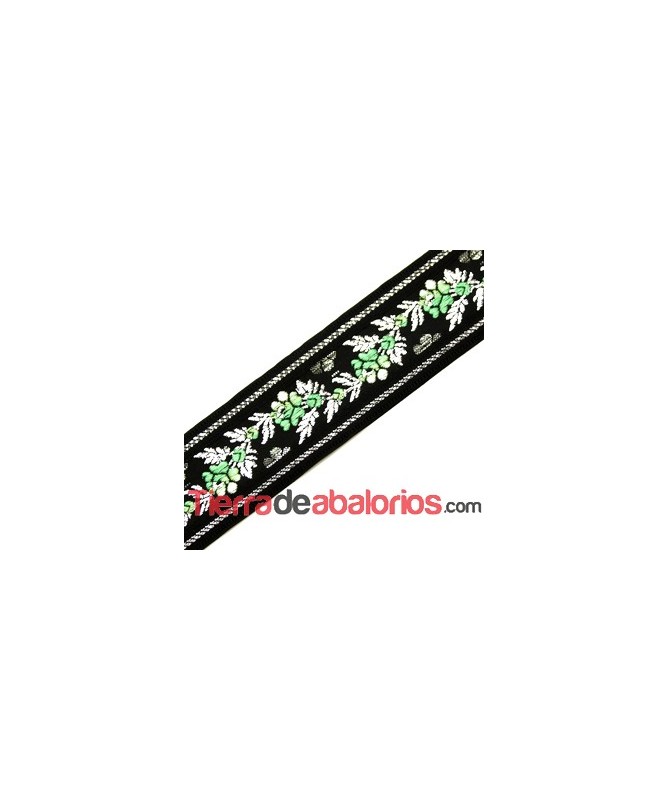 Pasamaneria de Saten 35mm Negro Flores Verde