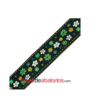 Tapa Costuras 33mm Negro Estampado Flores Verde