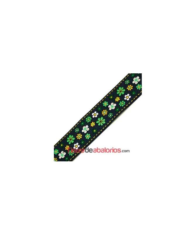 Tapa Costuras 33mm Negro Estampado Flores Verde