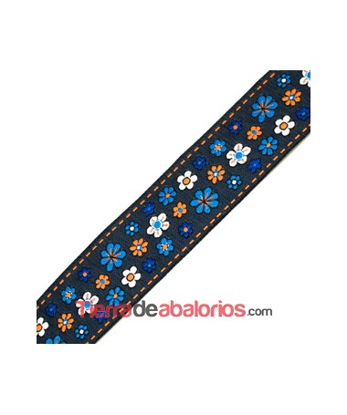 Tapa Costuras 33mm Negro Estampado Flores Azules