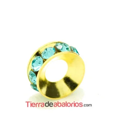 Rondel Dorado con Strass 10mm Agujero 4,3mm Aquamarine
