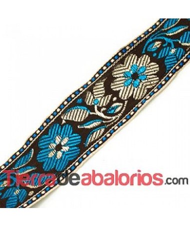 Tapa Costuras 38mm Bordado Flores Marrón, Beige y Azul