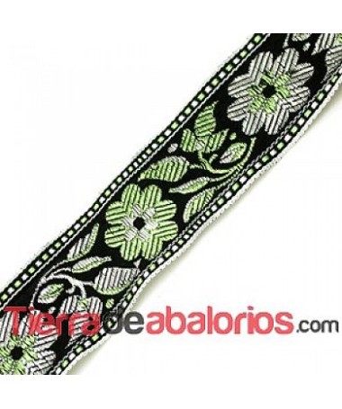 Tapa Costuras 38mm Bordado Flores Negro, Verde y Plata