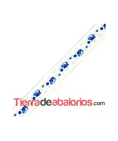 Pasamaneria de Saten 35mm Blanco Flores Azules