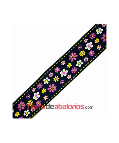 Tapa Costuras 33mm Negro Estampado Flores Fucsia