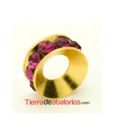 Rondel Dorado con Strass 10mm Agujero 4,3mm Fucsia