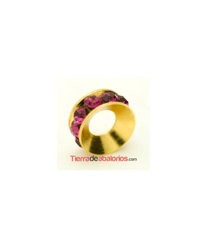 Rondel Dorado con Strass 10mm Agujero 4,3mm Fucsia