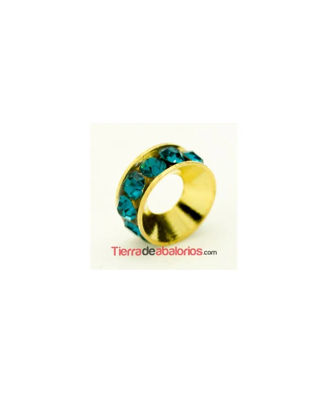 Rondel Dorado con Strass 10mm Agujero 4,3mm Blue Zircon