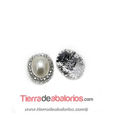 Entrepieza Oval 26x22mm Plateada con Strass y Perla Acrilica Entrepieza Oval 26x22mm Plateada con Strass y Perla Acrilica