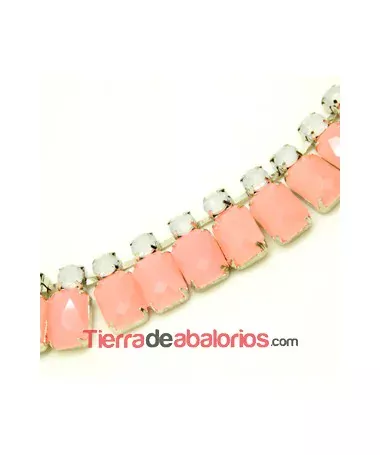 Cadena Plateada con Cabujones Blanco y Rosa Opal