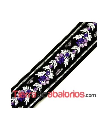 Pasamaneria de Saten 35mm Negra Flores Lila