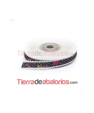 Grosgrain 15mm Negro con Lunares, Estampado Flores