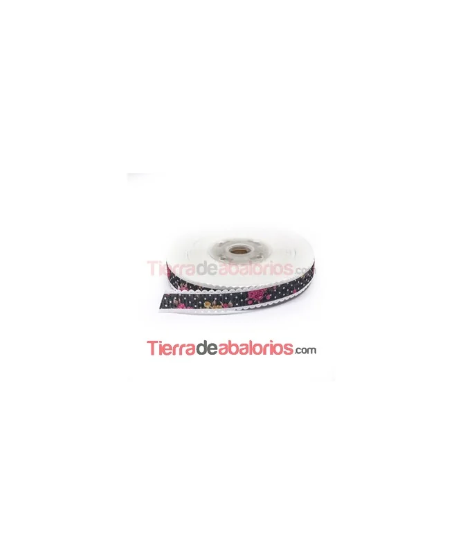Grosgrain 15mm Negro con Lunares, Estampado Flores