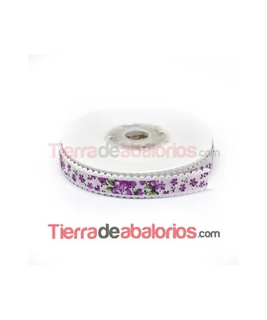 Grosgrain 15mm Blanco Estampado Flores Moradas Ribete Blanco