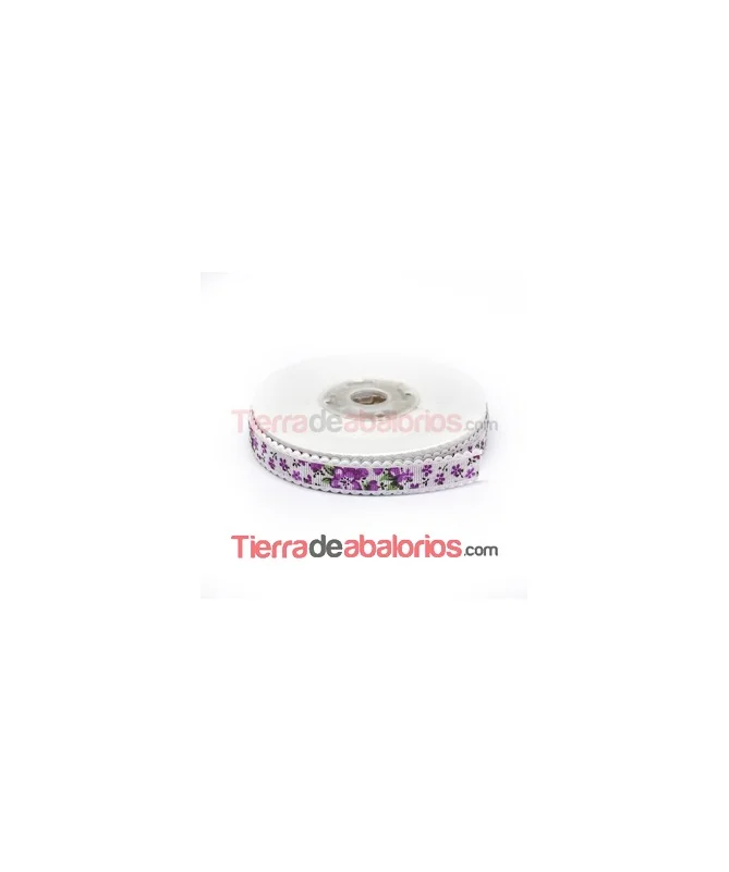 Grosgrain 15mm Blanco Estampado Flores Moradas Ribete Blanco