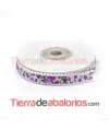 Grosgrain 15mm Blanco Estampado Flores Moradas Ribete Blanco