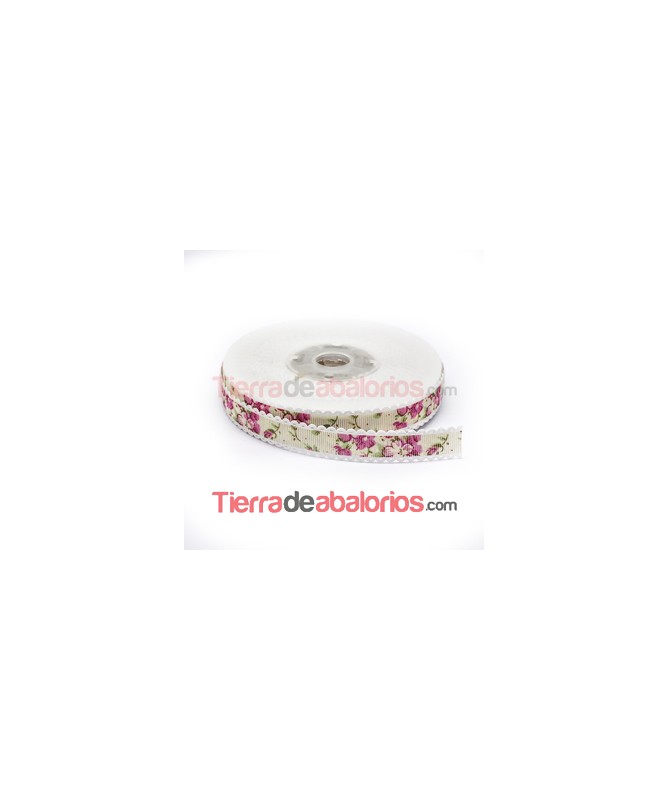 Grosgrain 15mm Beige Estampado Flores Rosa y Ribete Blanco