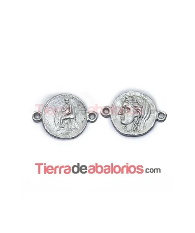 Conector Moneda Romana 31x22mm con 2 anillas, Plateada Conector Moneda Romana 31x22mm con 2 anillas, Plateada