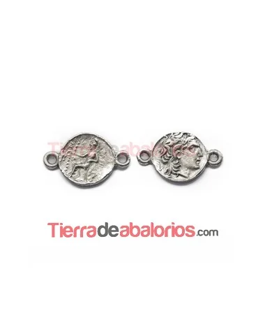 Conector Moneda Griega 26x16mm con 2 anillas, Plateada