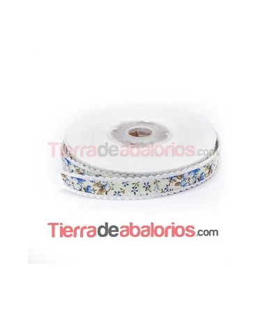 Grosgrain 15mm Crema Estampado Flores Azul Ribete Blanco