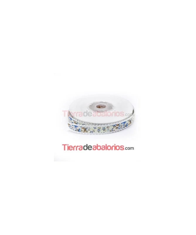 Grosgrain 15mm Crema Estampado Flores Azul Ribete Blanco