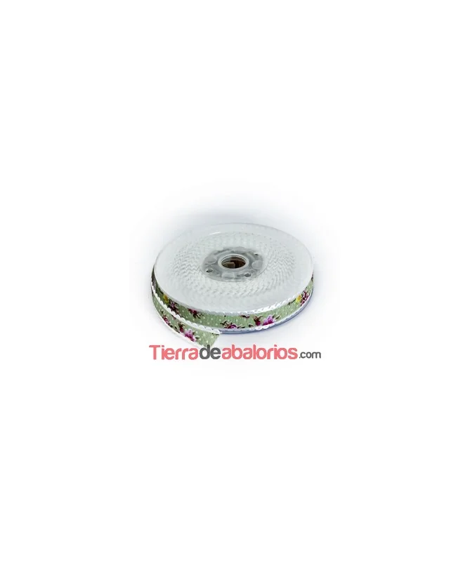 Grosgrain 15mm Verde con Lunares, Estampado Flores
