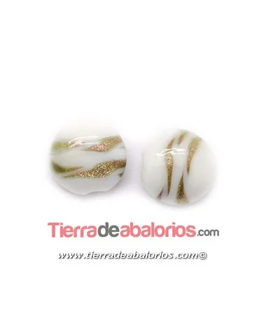 Moneda Murano 20mm Agujero 1,2mm, Blanco Irisado Oro Moneda Murano 20mm Agujero 1,2mm, Blanco Irisado Oro