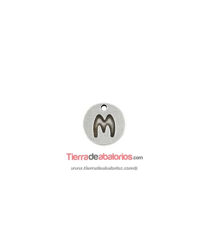 Medalla 14mm Agujero 1,5mm Letra M, Plateada