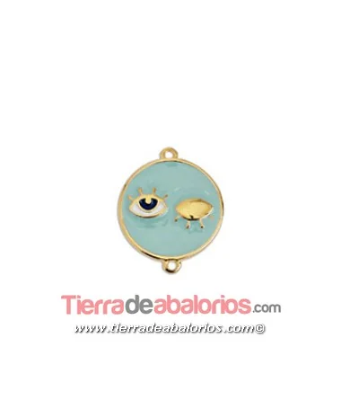 Conector Redondo Evil Eye, Dorado con Turquesa y Azul Conector Redondo Evil Eye, Dorado con Turquesa y Azul