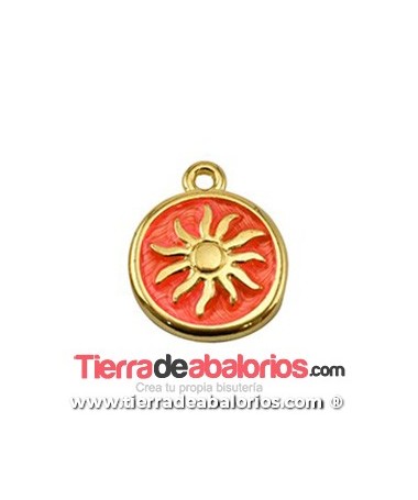 Colgante Moneda Sol 15mm Esmalte Rosa Quisquilla, Dorado
