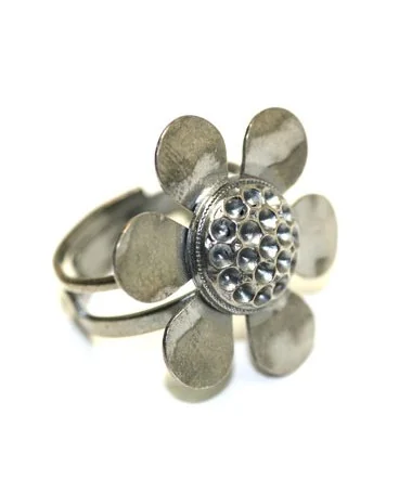 Anillo Ajustable Flor 27mm para Chatones, Plata Vieja Anillo Ajustable Flor 27mm para Chatones, Plata Vieja