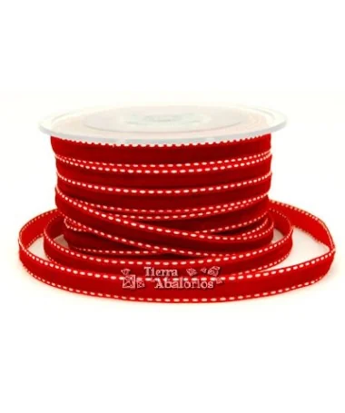 Lazo Terciopelo 10mm Rojo Pespunte Blanco (10 metros) Lazo Terciopelo 10mm Rojo Pespunte Blanco