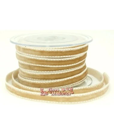 Lazo Terciopelo 10mm Beige Pespunte Blanco (10 metros) Lazo Terciopelo 10mm Beige Pespunte Blanco