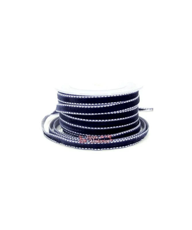 Lazo Terciopelo 10mm Azul Marino Pespunte Blanco