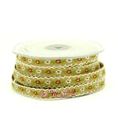 Lazo 10mm Beige Flores Ocre y Blanco