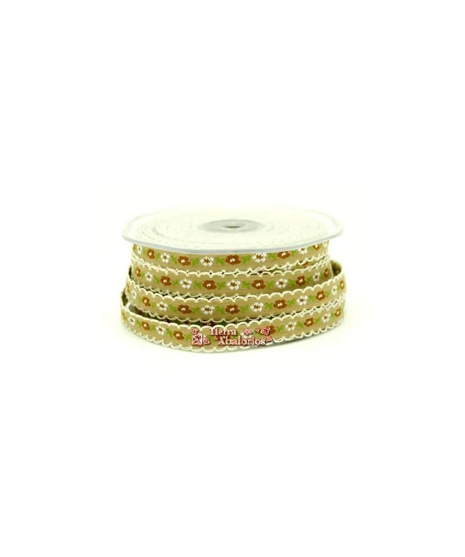 Lazo 10mm Beige Flores Ocre y Blanco