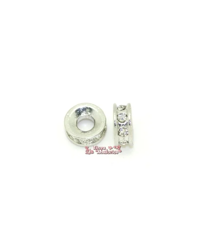 Rondel 12x5mm Agujero 5mm con Strass, Plateado