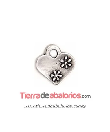 Colgante Corazón 16mm con Flores, Plateado