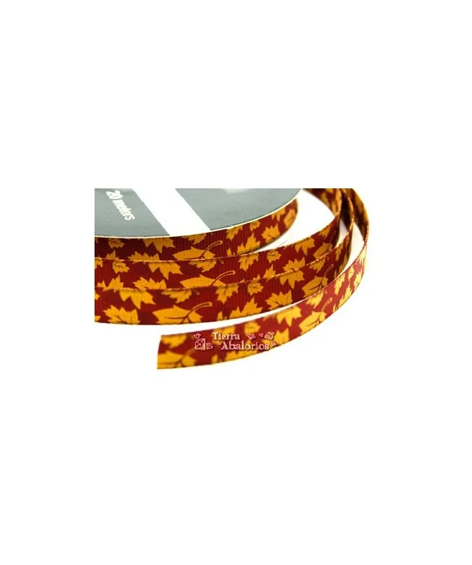 Lazo 10mm Estampado Doble Cara Granate Hojas Ambar