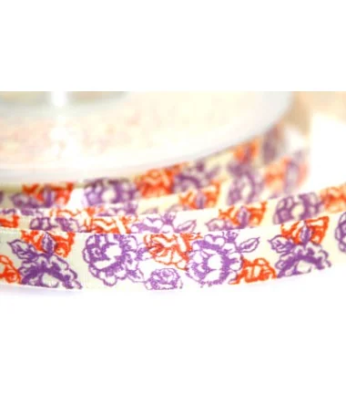 Lazo Duquesa 10mm Blanco Flores Moradas y Naranjas