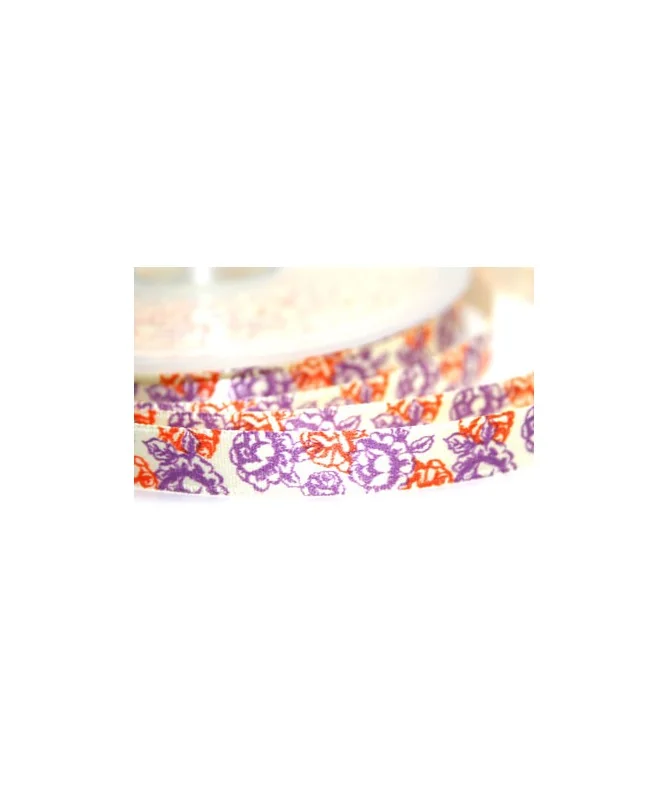 Lazo Duquesa 10mm Blanco Flores Moradas y Naranjas
