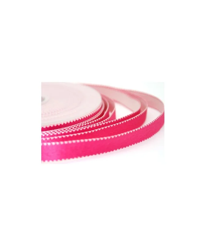 Lazo de Raso 10mm, Fucsia Pespunte Blanco (Reversible)