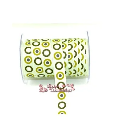 Lazo Gros Grain Estampado Circulos Ancho 16mm Verde Pastel