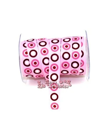 Lazo Gros Grain Estampado Circulos Ancho 16mm Rosa