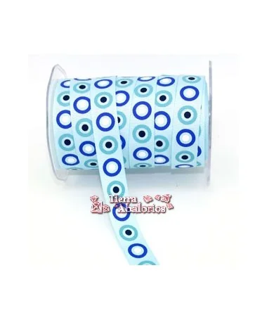 Lazo Gros Grain Estampado Circulos Ancho 16mm Celeste