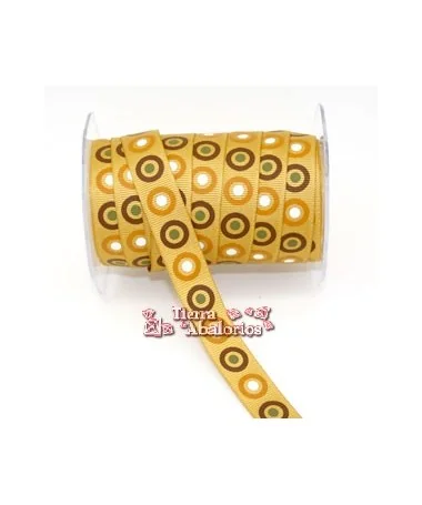 Lazo Gros Grain Estampado Circulos Ancho 16mm Oro Viejo