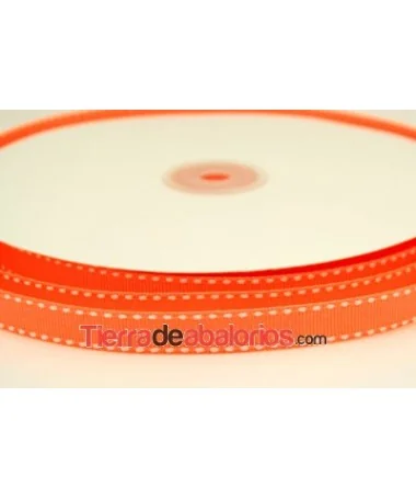 Lazo Gros Grain 10mm, Naranja Flúor Pespunte Blanco
