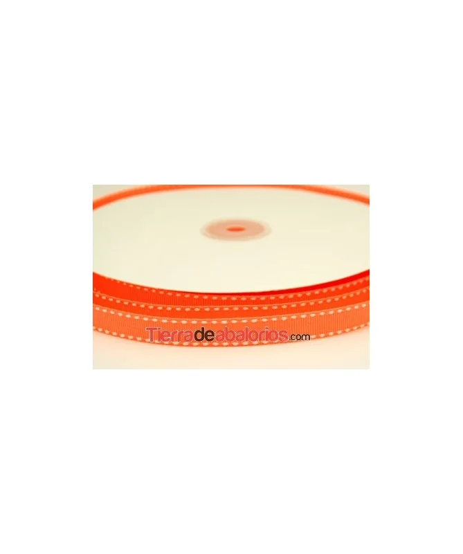 Lazo Gros Grain 10mm, Naranja Flúor Pespunte Blanco