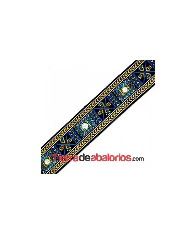 Tapa Costuras Etnico 25mm Negro, Azul y Dorado.