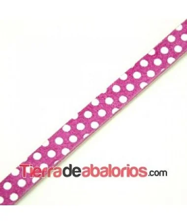 Cuero Plano Vaquetilla 10x2mm, Ante Fucsia Lunares Blancos